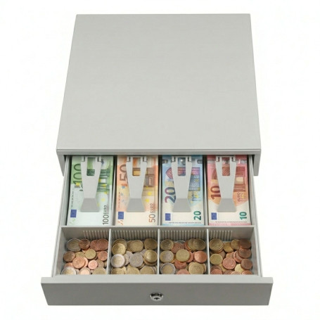 Tiroir Caisse Enregistreuse 33x33.5 4 Compartiments Billets 4 Pièces Blanc | Monnaie et Billets, Ouverture Automatique RJ11 ou M