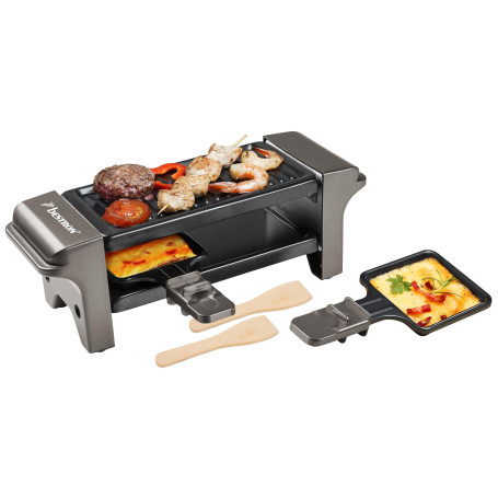 Bestron Appareil a raclette, Mini Grill pour 1 à 2 personnes, avec 2 poêlons et 2 spatules, avec revêtement antiadhésif, 350 Wat