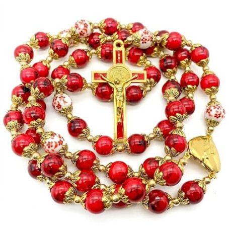 Nazareth Store Perles de corail rouge fleurs de chapelet en or collier de perles médaille miraculeuse et crucifix de Saint Benoî