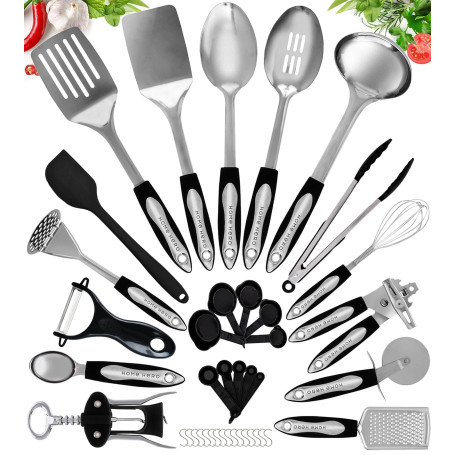 Home Hero Set d'Ustensiles de Cuisine 40 Pièces Inox et Silicone | Ustensiles de cuisine haut de gamme en acier inoxydable et si