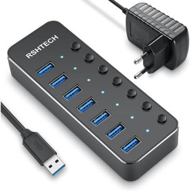 RSHTECH Hub USB Alimenté, Aluminium Hub USB 3.0 à 7 Ports, RSH-518 | Multiprise USB 3.0 avec 5V/2A Alimentation Externe Multi Po