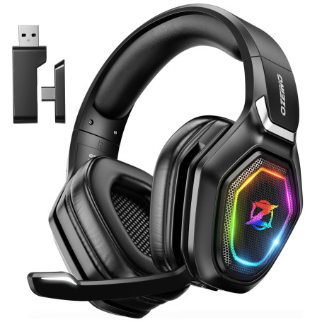 Ozeino Casque Gaming sans Fil pour PC PS5 PS4, 2.4GHz Audio sans Perte, USB & Type-C Casque de Jeu Ultra Stable avec Microphone 