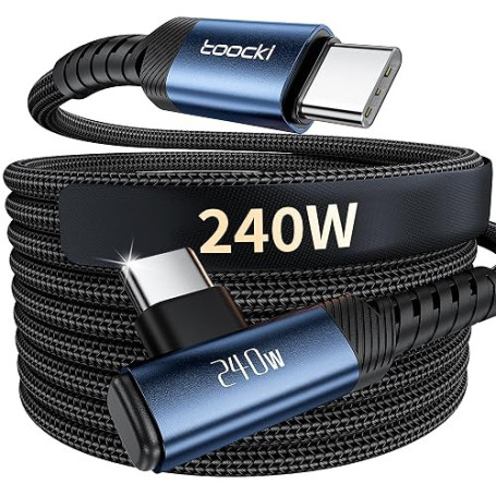 toocki Cable USB-C 240W 3M, Charge Rapide, Câble Type-C Coudé, Nylon, Bleu | PD3.1 Recharge rapide, 480Mbps, Angle Droit, Tressé