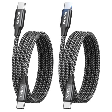 RAVIAD 100W Câble USB C vers USB C [1M, Lot de 2] PD 20V 5A Charge Rapide | Câble Type C Nylon Tressé Cable USB C avec Puce E-Ma