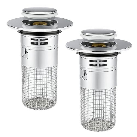 2PCS Bouchon de lavabo INOX de Bain Pop Up Universel, Bouchon Évier Salle de Bain avec Filtre Lavabo Salle de Bain, Bouchon Lava