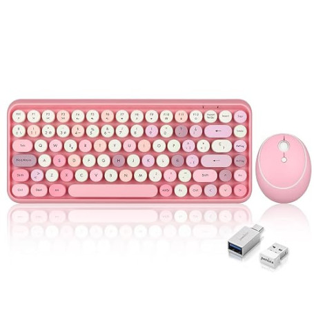Perixx PERIDUO-713 Ensemble Souris et Mini Clavier sans Fil 2,4 GHz, Touches Rondes Style rétro, pour PC et Tablette, Rose Paste