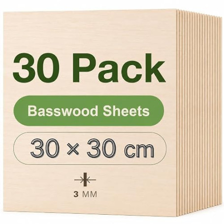 30 Plaques Contreplaqué Tilleul 3 mm, Découpe Laser, Gravure, pour Maquette | Format carré 30 × 30 cm, surface polie, bords liss