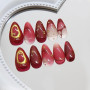 GlamRays 30 pièces Ongles Autocollants Rouges, Faux Ongles Amande Courts avec étoiles dorées en 3D, Design Perle, Press-ons, rec