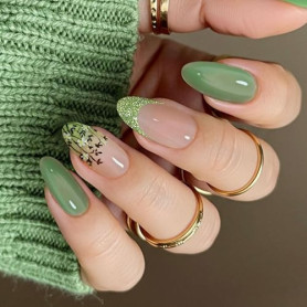 JMEOWIO Gel Nail Stickers Ongles Fleur French Tip Vert Semi-durci 20 Pièces