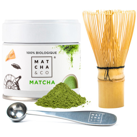 Matcha & CO. Ensemble de Thé Matcha de Débutant avec Matcha Original, Cuillère Doseuse et Fouet en Bambou, Grade Cérémonial 100%