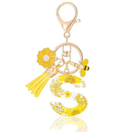MWOOT Letter Keychains Initiale Lettre Porte Clef Lettre,Alphabet Initial Keyring avec Pampille Pendentif,Jaune Pétales Feuille 
